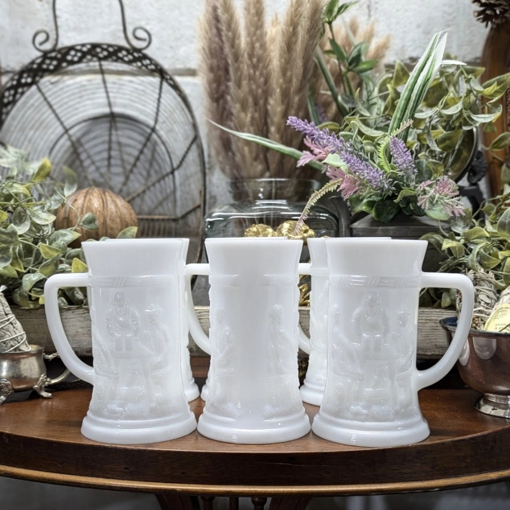 Eclectic White Opelescent Glass Mugs/Beer Steins Set Of 6 By Tiara Glass, 6"